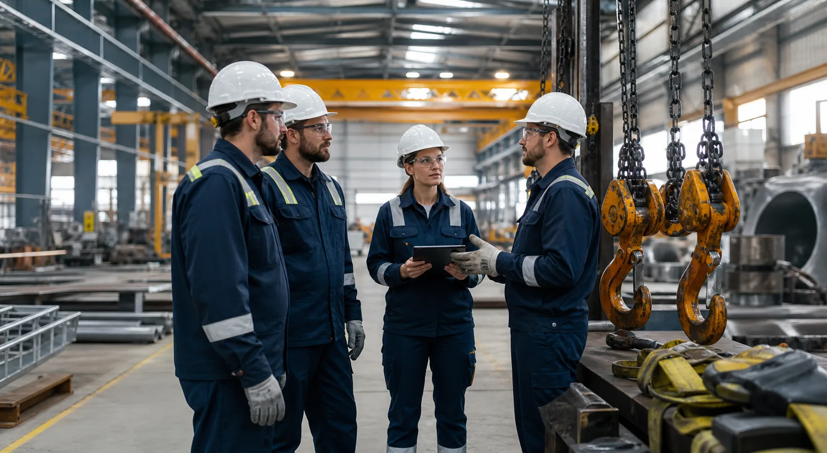 Equipo industrial revisando soluciones de izaje en planta.