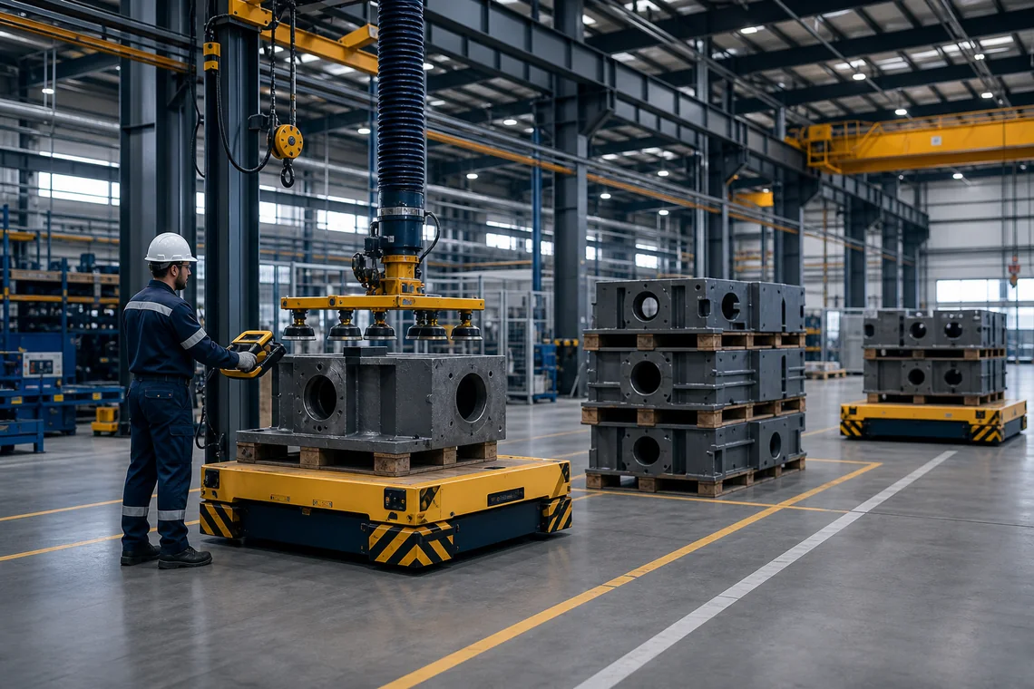 Operación de material handling con equipos de transferencia industriales.