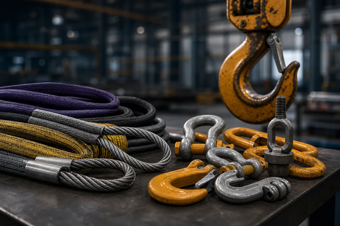 Accesorios de rigging, eslingas, ganchos y grilletes industriales.