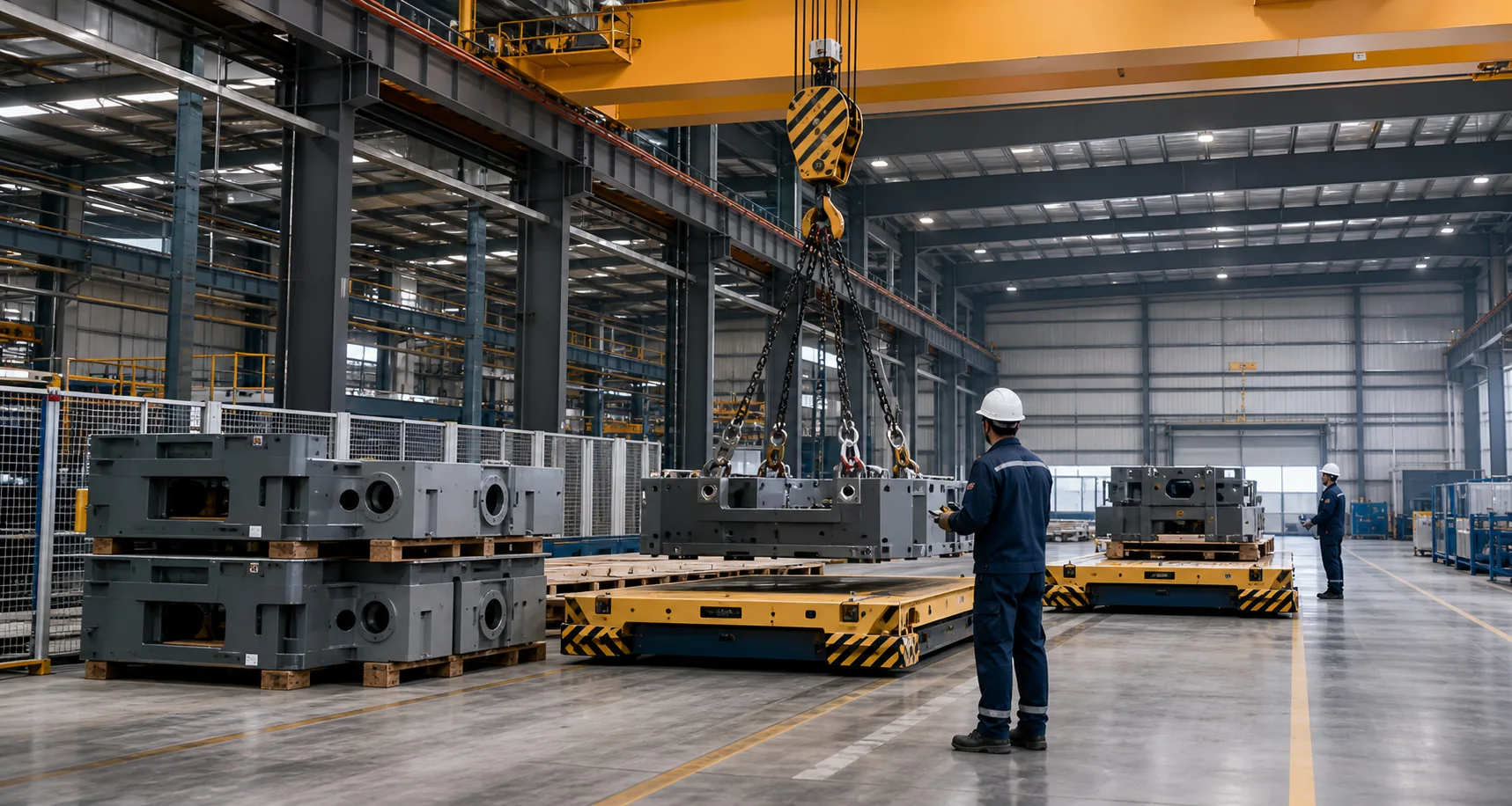Almacén industrial con grúa puente y movimiento de componentes pesados.