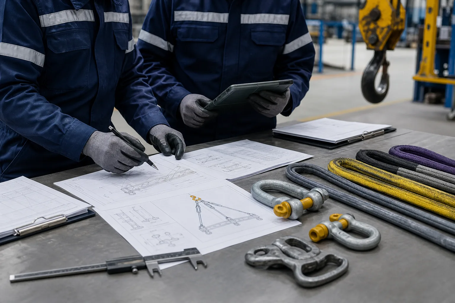 Ingenieros revisando documentación técnica de izaje.